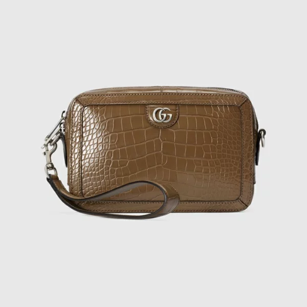 GUCCI Crocodile Shoulder Bag With Double G - Light Brown