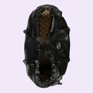 GUCCI Drawstring Tote Bag With Tonal Double G - Black Leather