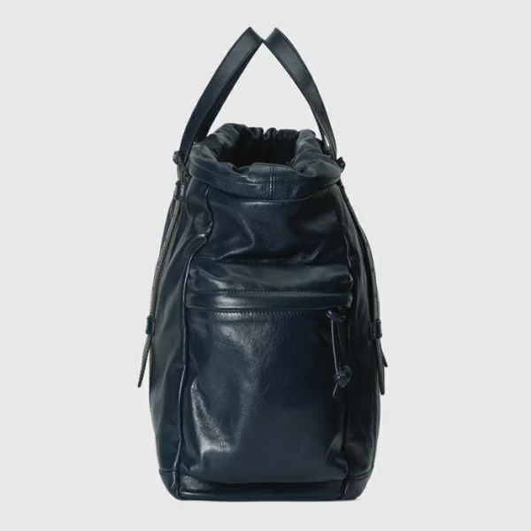 GUCCI Drawstring Tote Bag With Tonal Double G - Dark Blue Leather