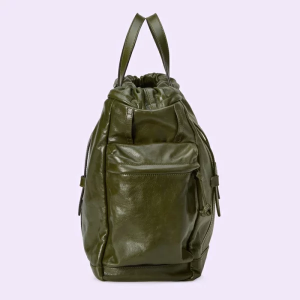 GUCCI Drawstring Tote Bag With Tonal Double G - Forest Green Leather