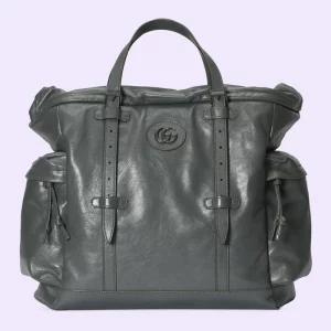 GUCCI Drawstring Tote Bag With Tonal Double G - Grey Leather