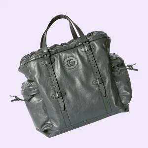 GUCCI Drawstring Tote Bag With Tonal Double G - Grey Leather