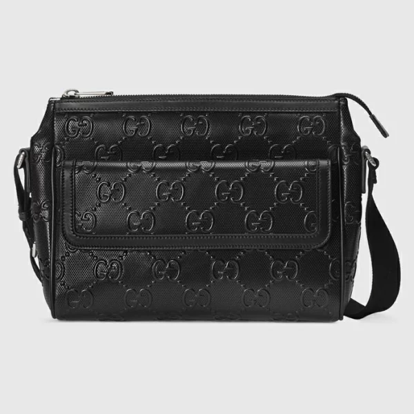 GUCCI GG Embossed Messenger Bag - Black Leather