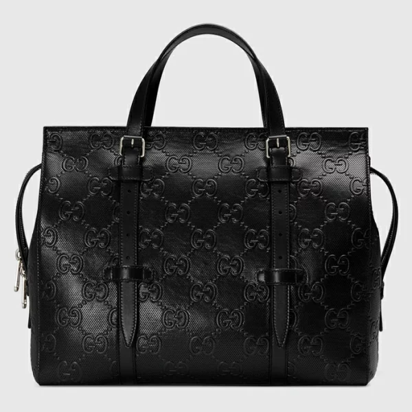 GUCCI GG Embossed Tote Bag - Black Leather