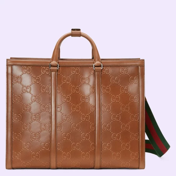 GUCCI GG Embossed Tote Bag - Brown Leather