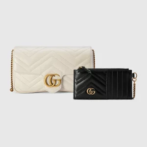 GUCCI GG Marmont Mini Card Case Chain Wallet - White Leather