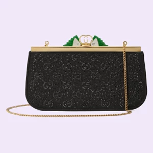 GUCCI GG Moire Fabric Handbag With Bow - Black
