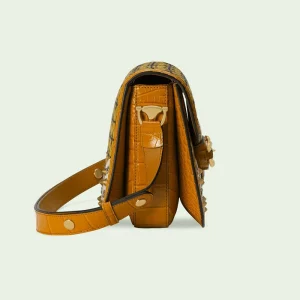 GUCCI Horsebit 1955 Crocodile Shoulder Bag - Beige And Red Supreme
