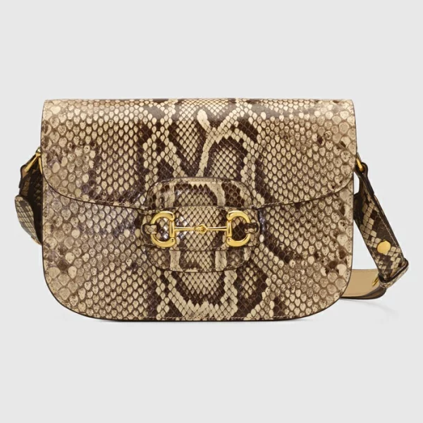 GUCCI Horsebit 1955 Python Small Shoulder Bag - Natural Color
