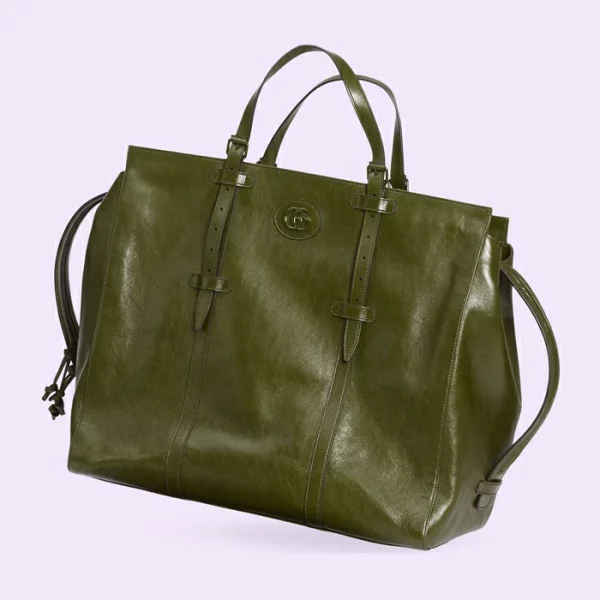GUCCI Large Tote Bag With Tonal Double G - Forest Green Leather