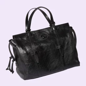 GUCCI Medium Tote Bag With Tonal Double G - Black Leather