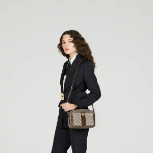 GUCCI Ophidia Small Shoulder Bag With Web - Beige And Ebony Supreme