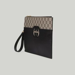 GUCCI Pouch With Cut-Out Interlocking G - Black Leather And Supreme