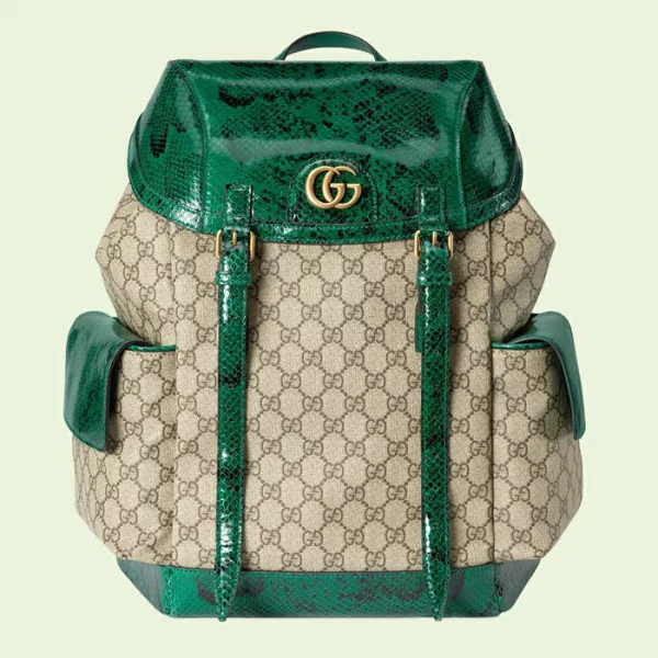 GUCCI Python Trim Backpack With Double G - Beige And Emerald Green