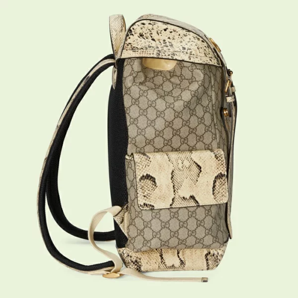 GUCCI Python Trim Backpack With Double G - Beige And Natural